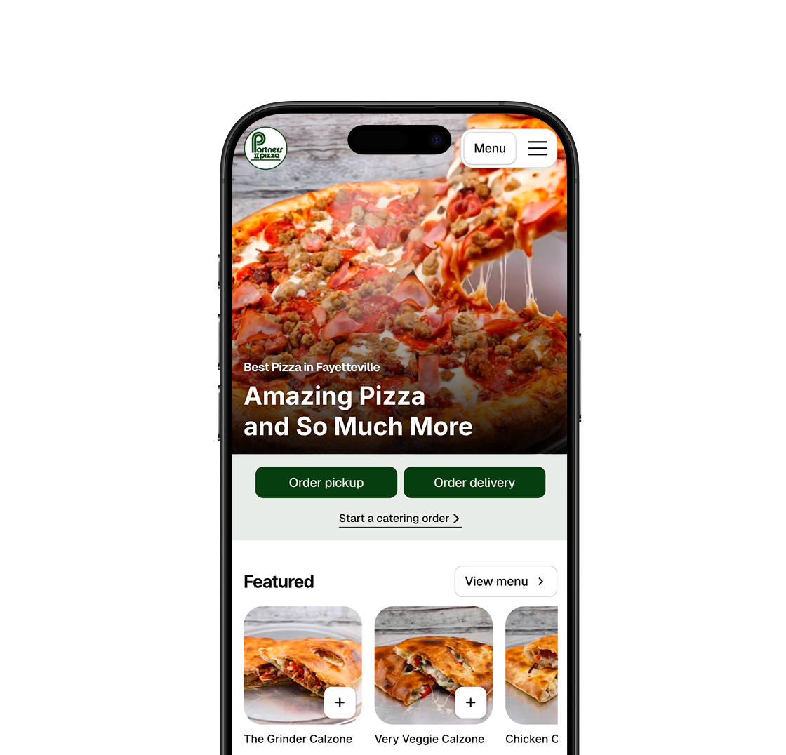 NEXXUP branded ordering site shown on a phone: Amazing Pizza and So Much More, with order pickup, order delivery, and featured menu items